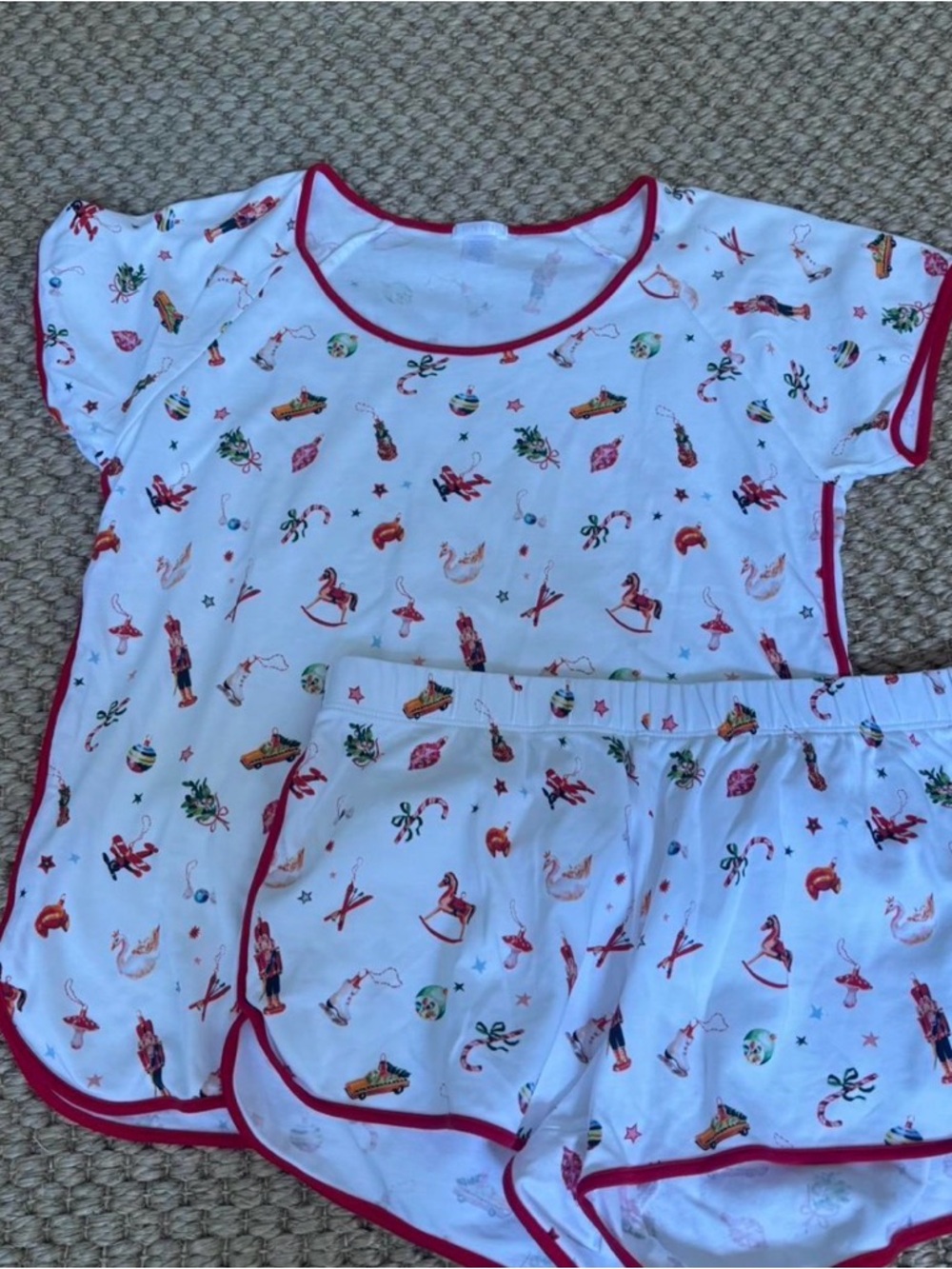 Women's Holiday Print White Short Pajama Set with Red Trim